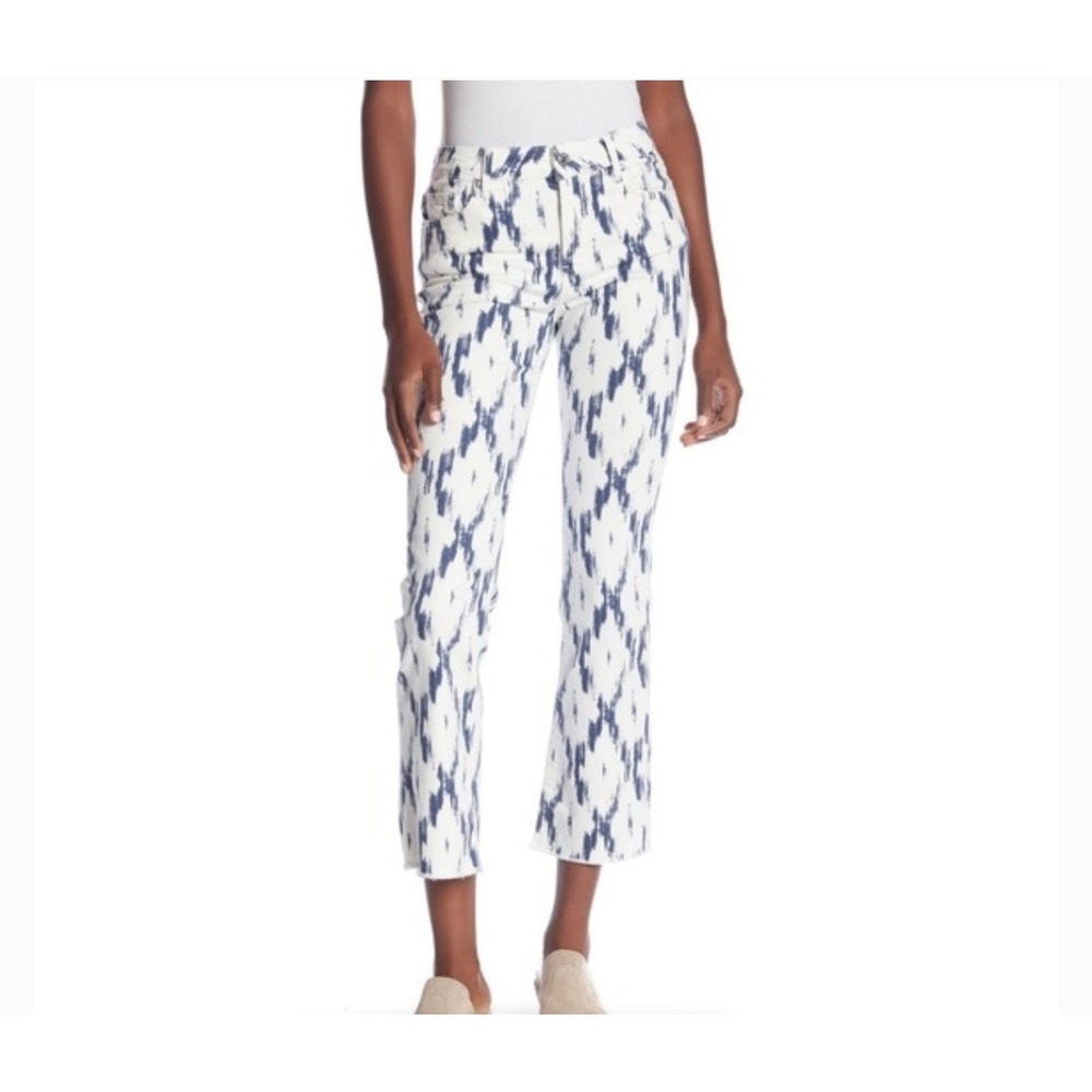 Free People Printed Jeans Cropped Raw Hem Denim Blue White Size‎ 25